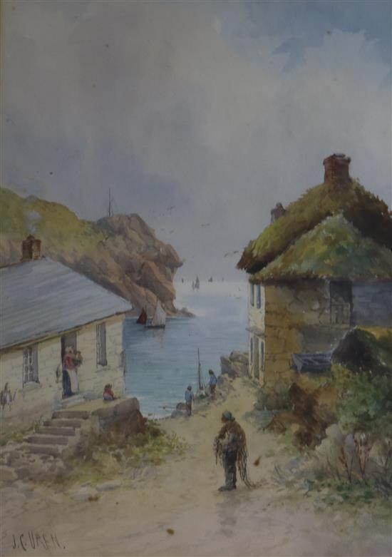 J.C. Uren Cornish fishing village 34 x 24cm